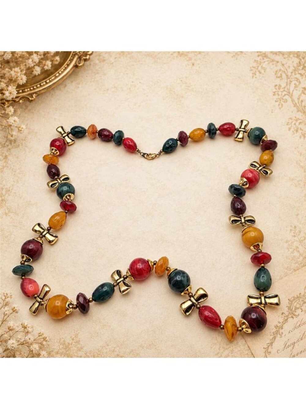 Vintage Multicolor Lucite Bead Necklace Gold Tone Bow Tie Spacers 29 in